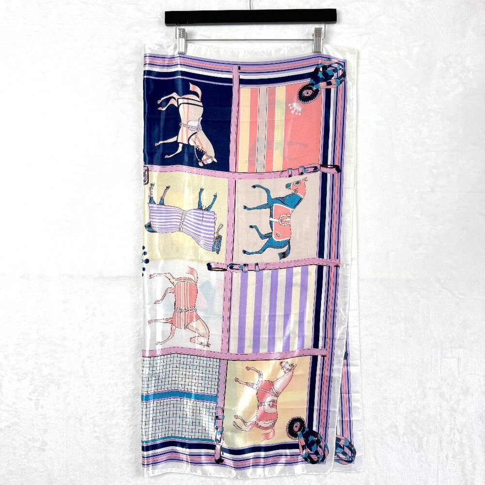 Vintage Satin Equestrian Horse Print 90 cm x 90 cm Square Scarf Pink Multicolor